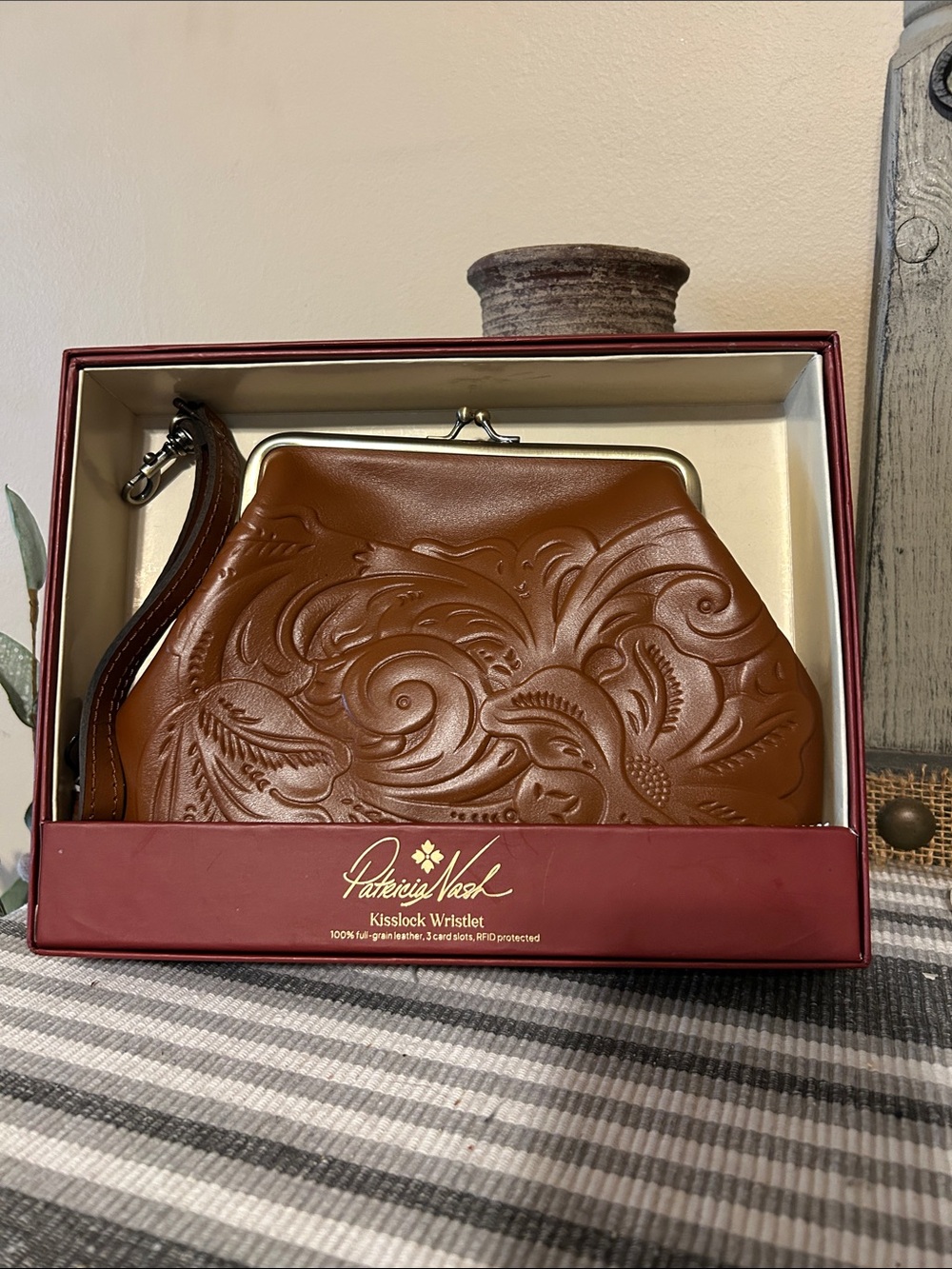 Patricia Nash Tooled Leather Kisslock Wristlet - Brown